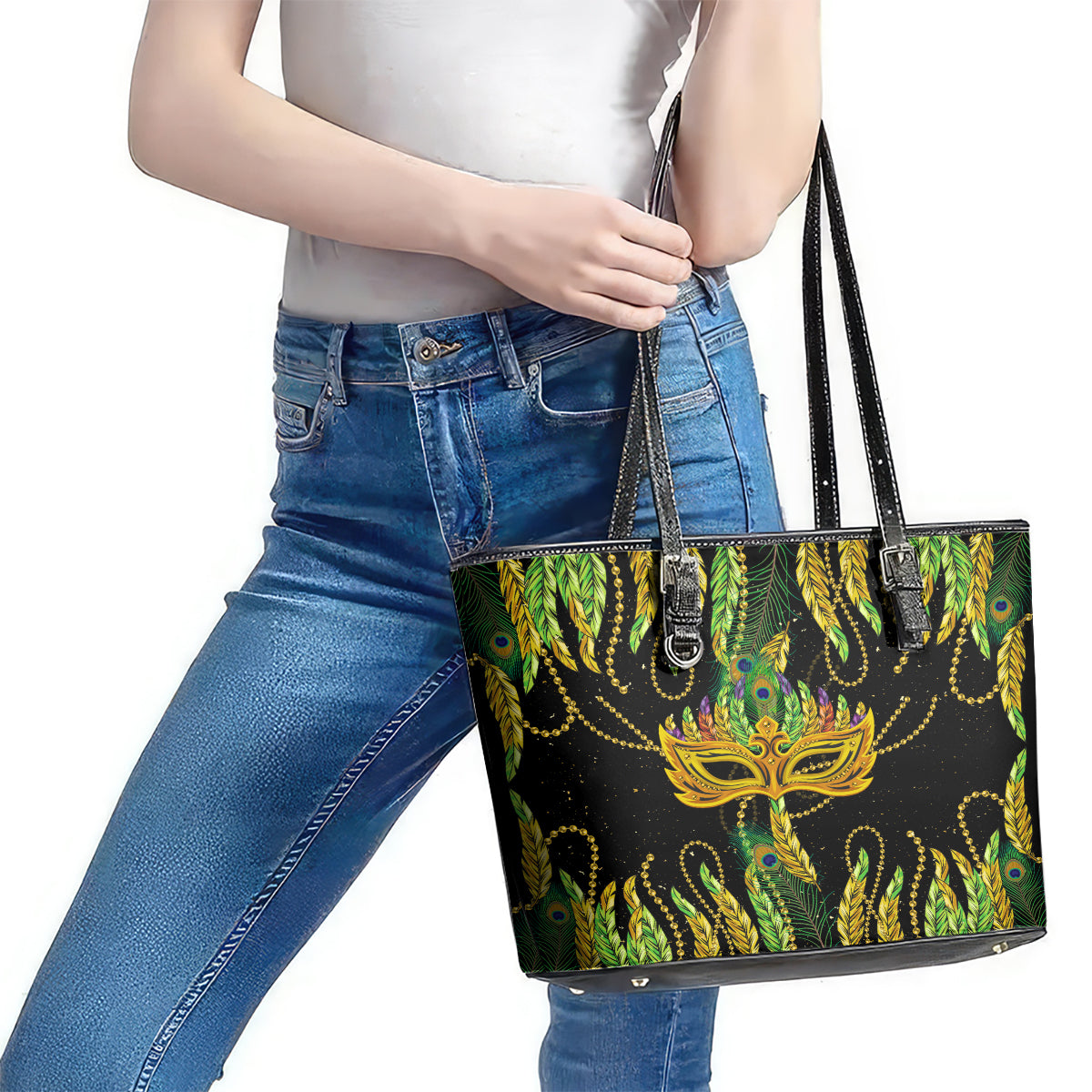 Feather Mask Mardi Gras Leather Tote Bag LT9