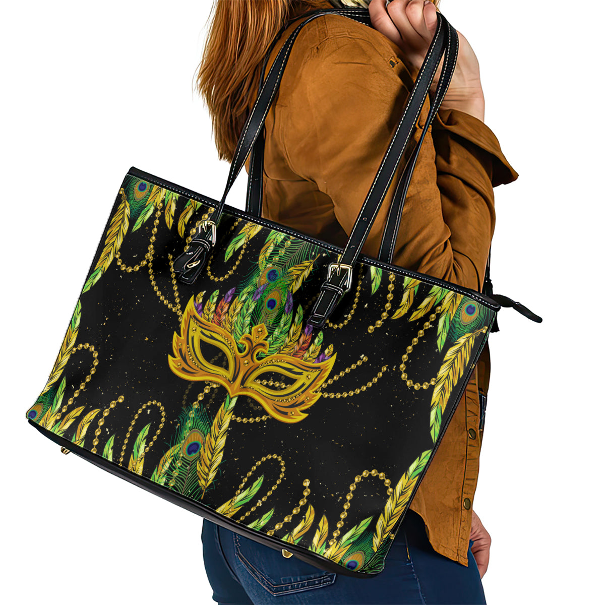 Feather Mask Mardi Gras Leather Tote Bag LT9