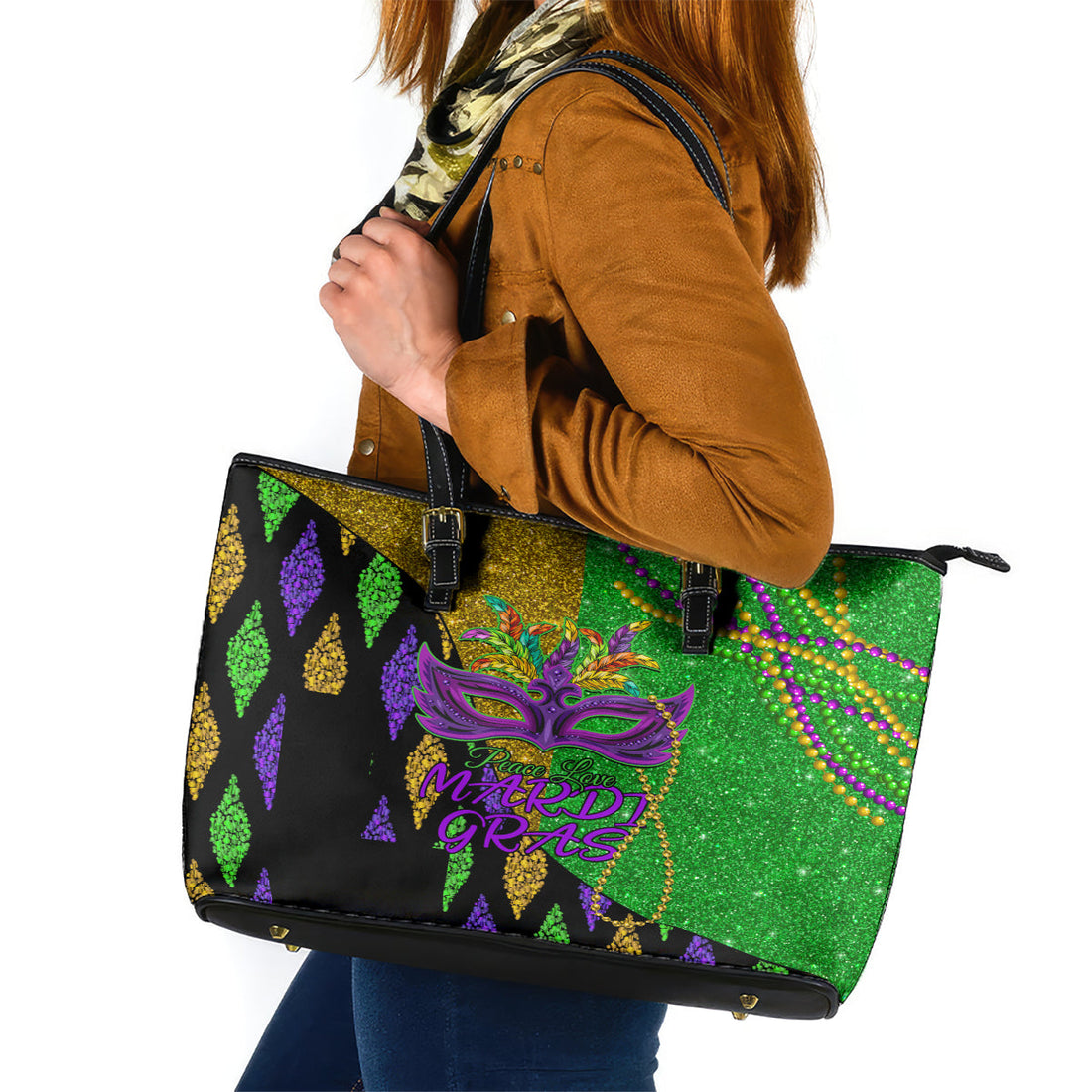 Peace Love Mardi Gras Leather Tote Bag Carnival Masks With Feathers LT9