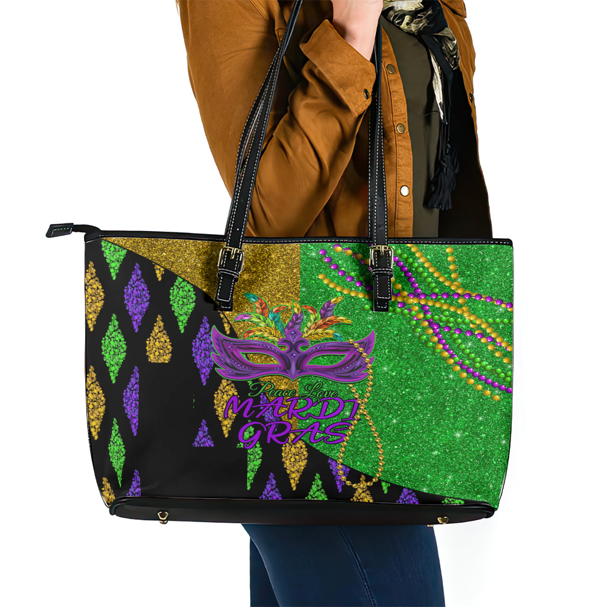Peace Love Mardi Gras Leather Tote Bag Carnival Masks With Feathers LT9