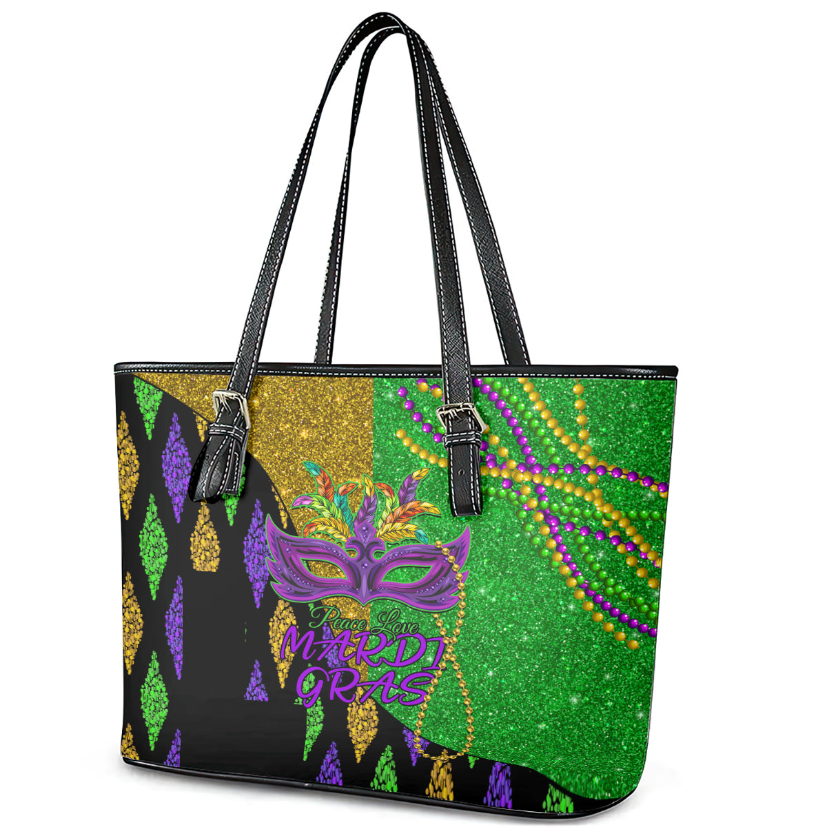Peace Love Mardi Gras Leather Tote Bag Carnival Masks With Feathers LT9