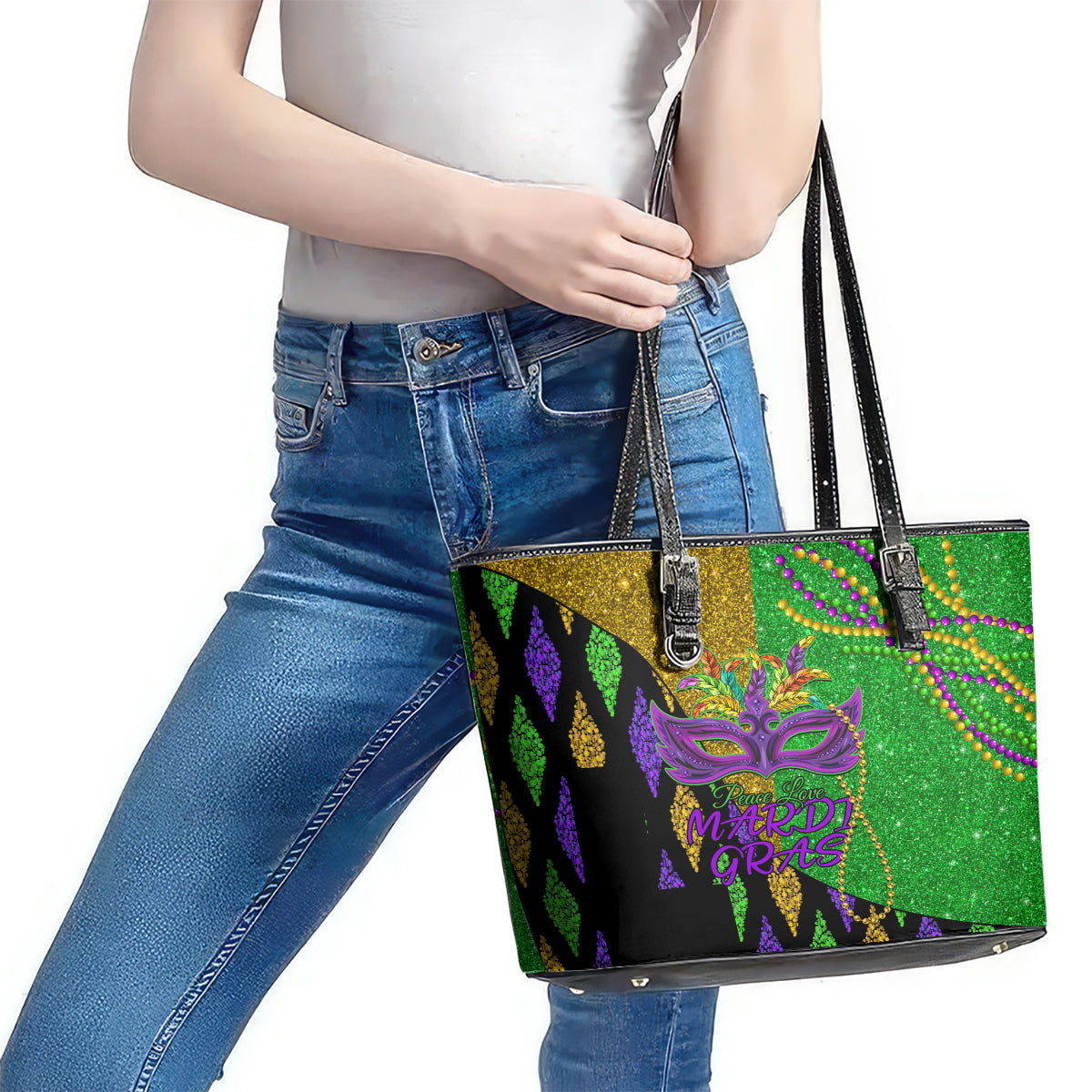 Peace Love Mardi Gras Leather Tote Bag Carnival Masks With Feathers LT9