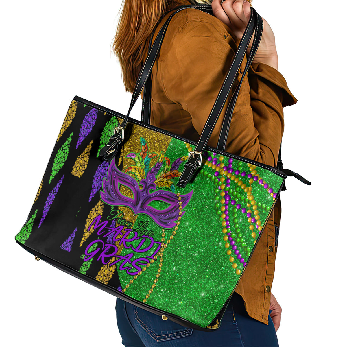 Peace Love Mardi Gras Leather Tote Bag Carnival Masks With Feathers LT9