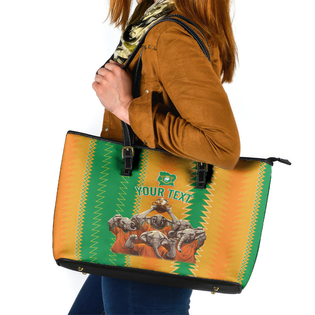 Custom Ivory Coast Football Leather Tote Bag The Champions Les Elephants 2024 LT9