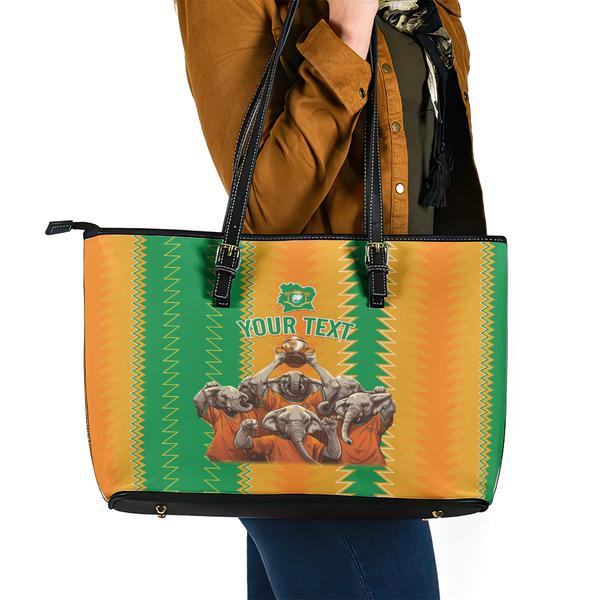 Custom Ivory Coast Football Leather Tote Bag The Champions Les Elephants 2024 LT9