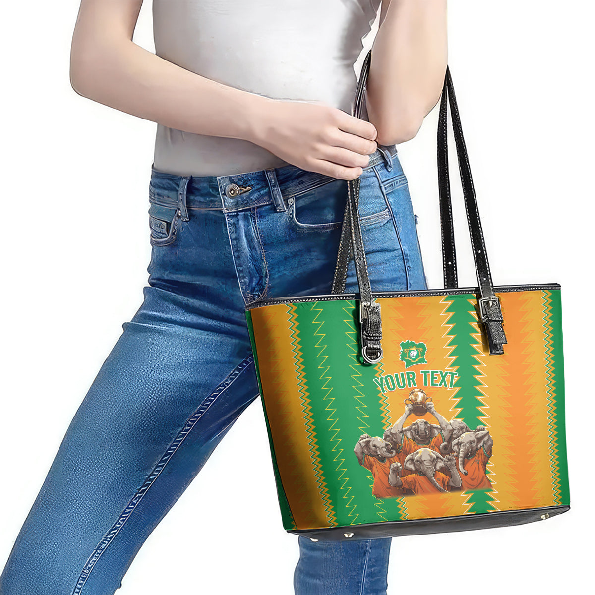 Custom Ivory Coast Football Leather Tote Bag The Champions Les Elephants 2024 LT9