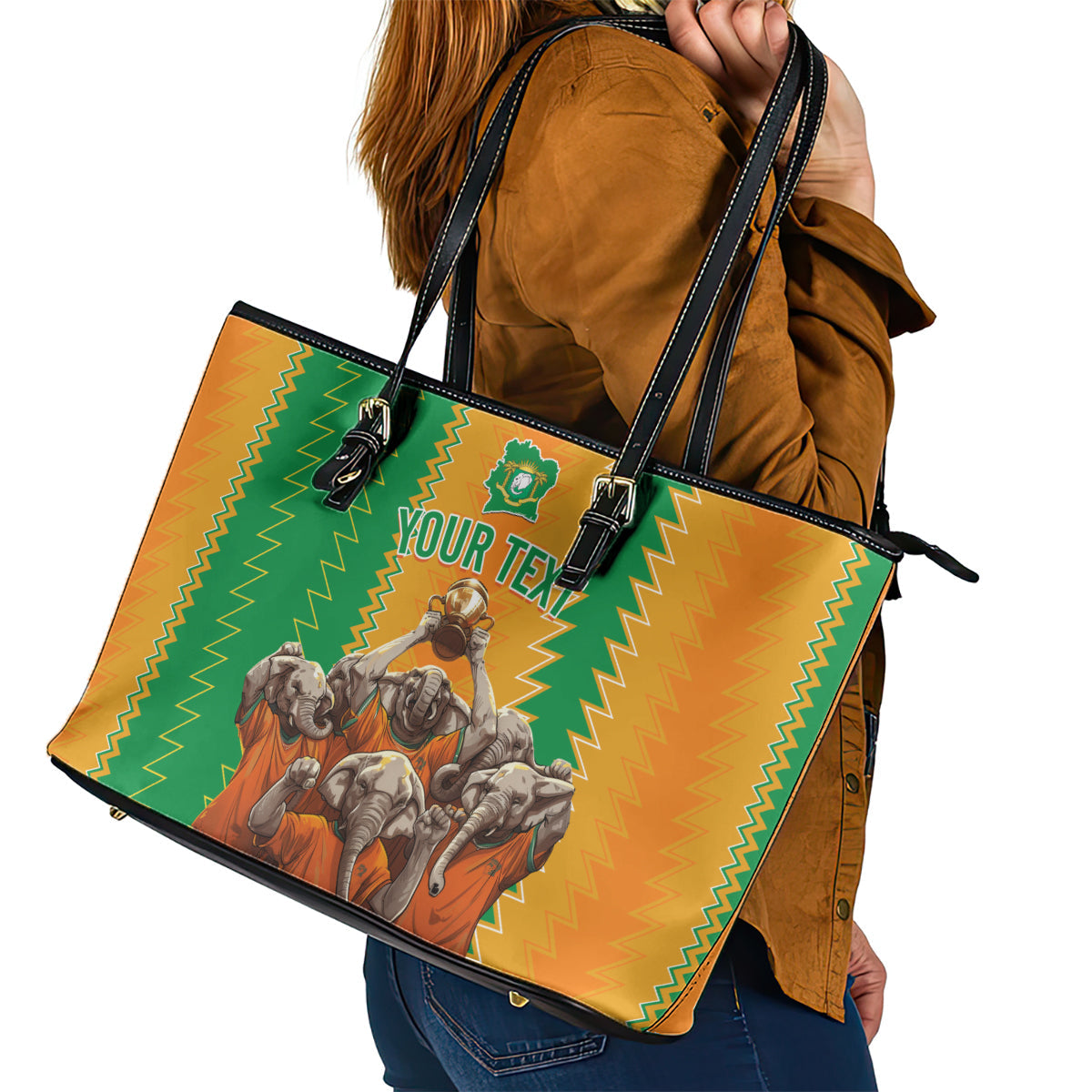 Custom Ivory Coast Football Leather Tote Bag The Champions Les Elephants 2024 LT9