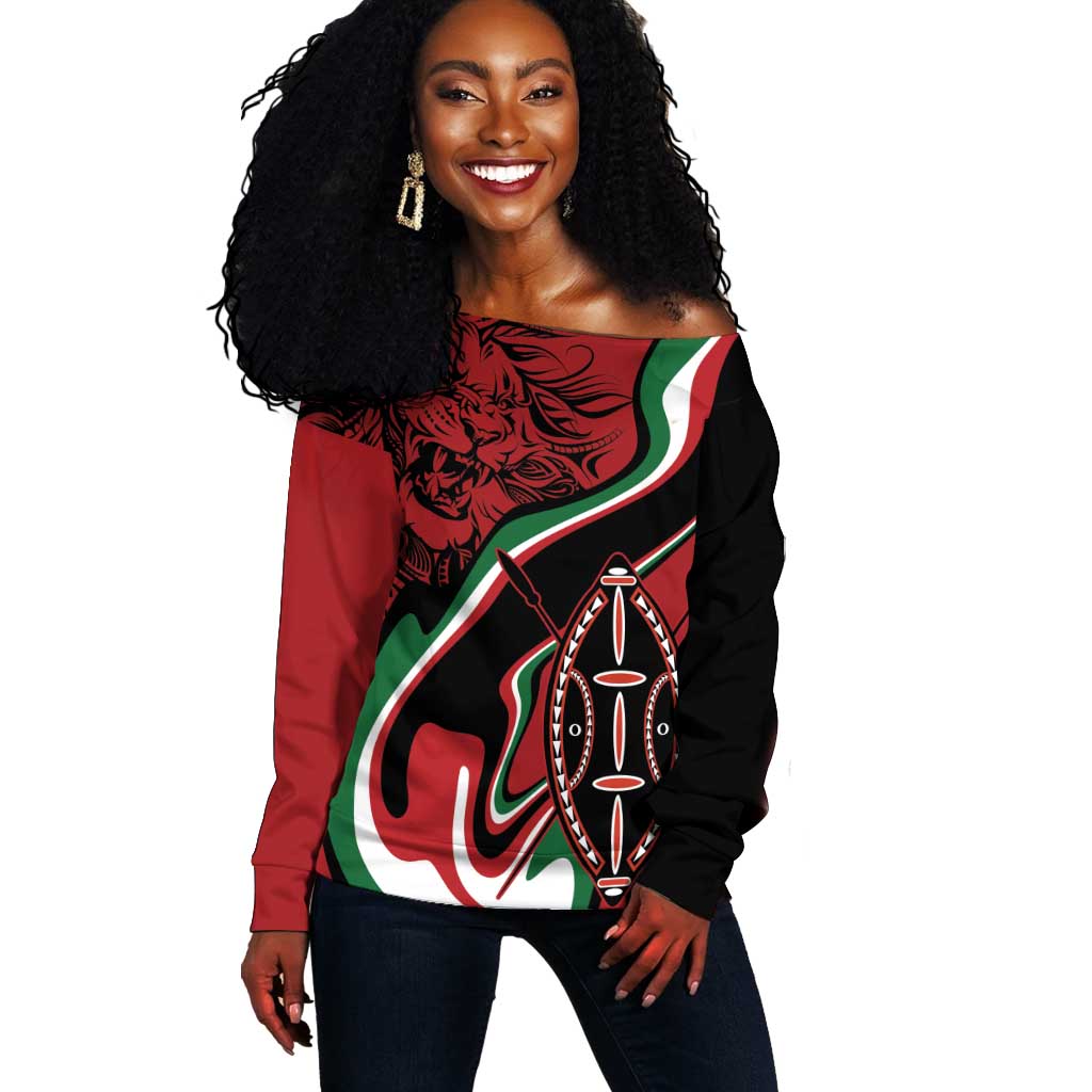 Happy Jamhuri Day Kenya Off Shoulder Sweater Kenyan Lion and Maasai Shield LT9