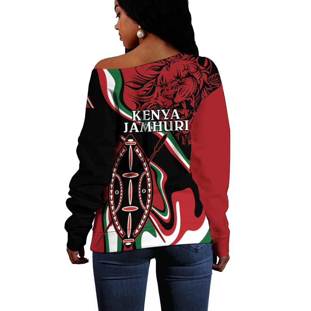Happy Jamhuri Day Kenya Off Shoulder Sweater Kenyan Lion and Maasai Shield LT9
