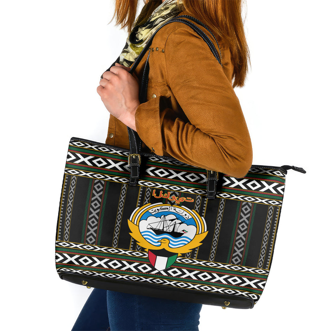 Kuwait Hawk of Quraish With Al Sadu Pattern Personalized Leather Tote Bag LT9