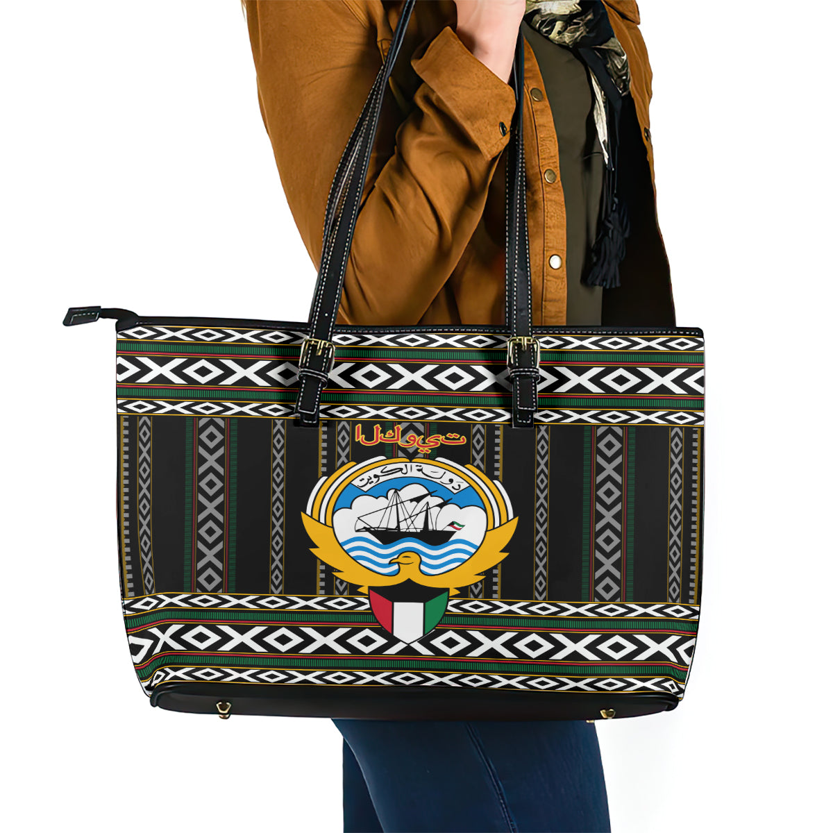 Kuwait Hawk of Quraish With Al Sadu Pattern Personalized Leather Tote Bag LT9
