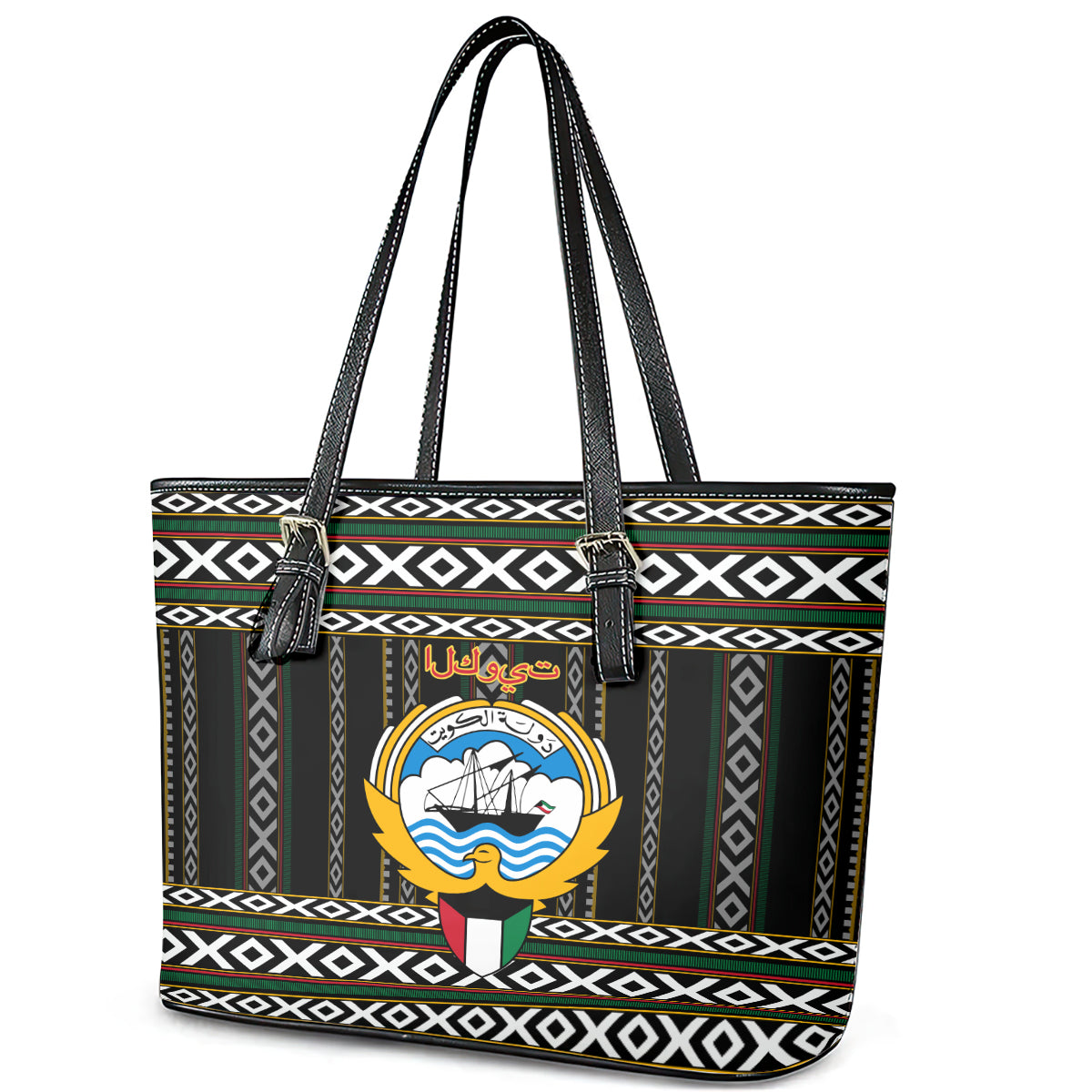 Kuwait Hawk of Quraish With Al Sadu Pattern Personalized Leather Tote Bag LT9