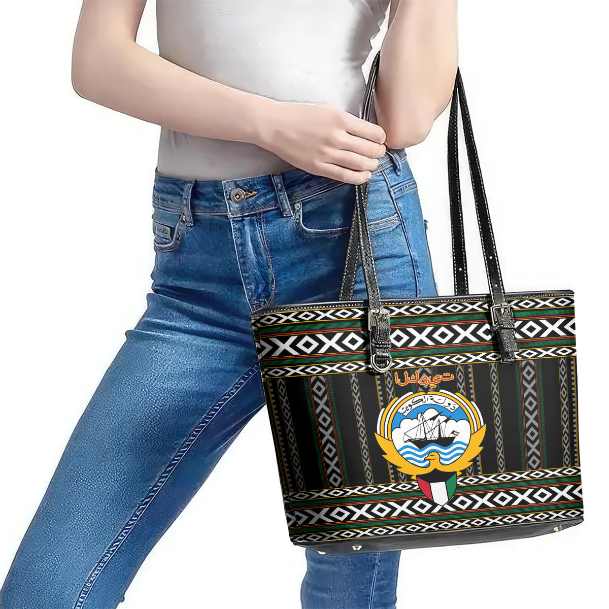 Kuwait Hawk of Quraish With Al Sadu Pattern Personalized Leather Tote Bag LT9