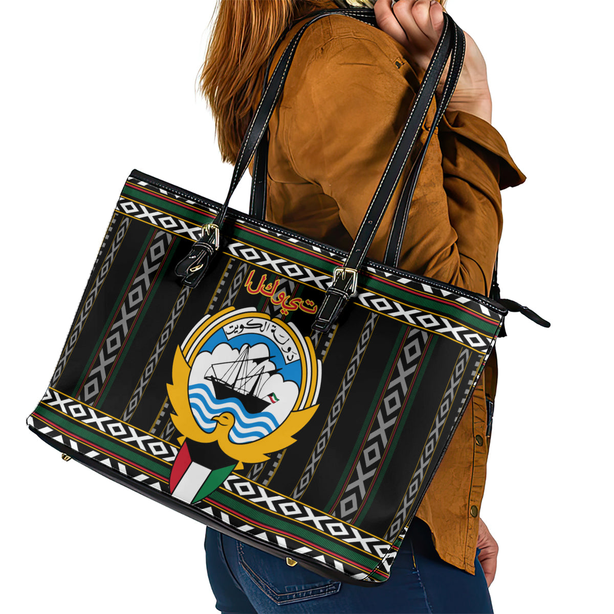 Kuwait Hawk of Quraish With Al Sadu Pattern Personalized Leather Tote Bag LT9