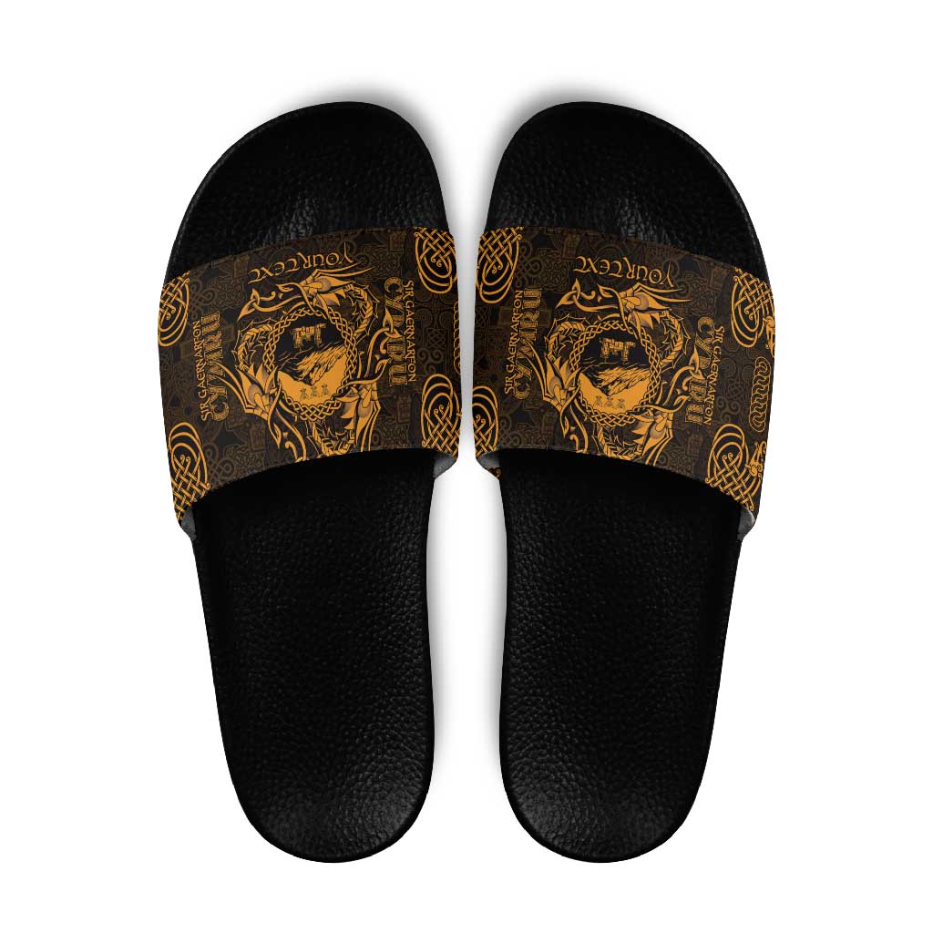 Personalized Caernarfonshire Sir Gaernarfon Slide Sandals Gold Castle Tower Celtic-inspired LT9