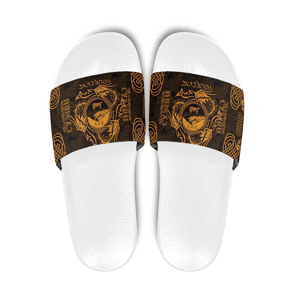 Personalized Caernarfonshire Sir Gaernarfon Slide Sandals Gold Castle Tower Celtic-inspired LT9