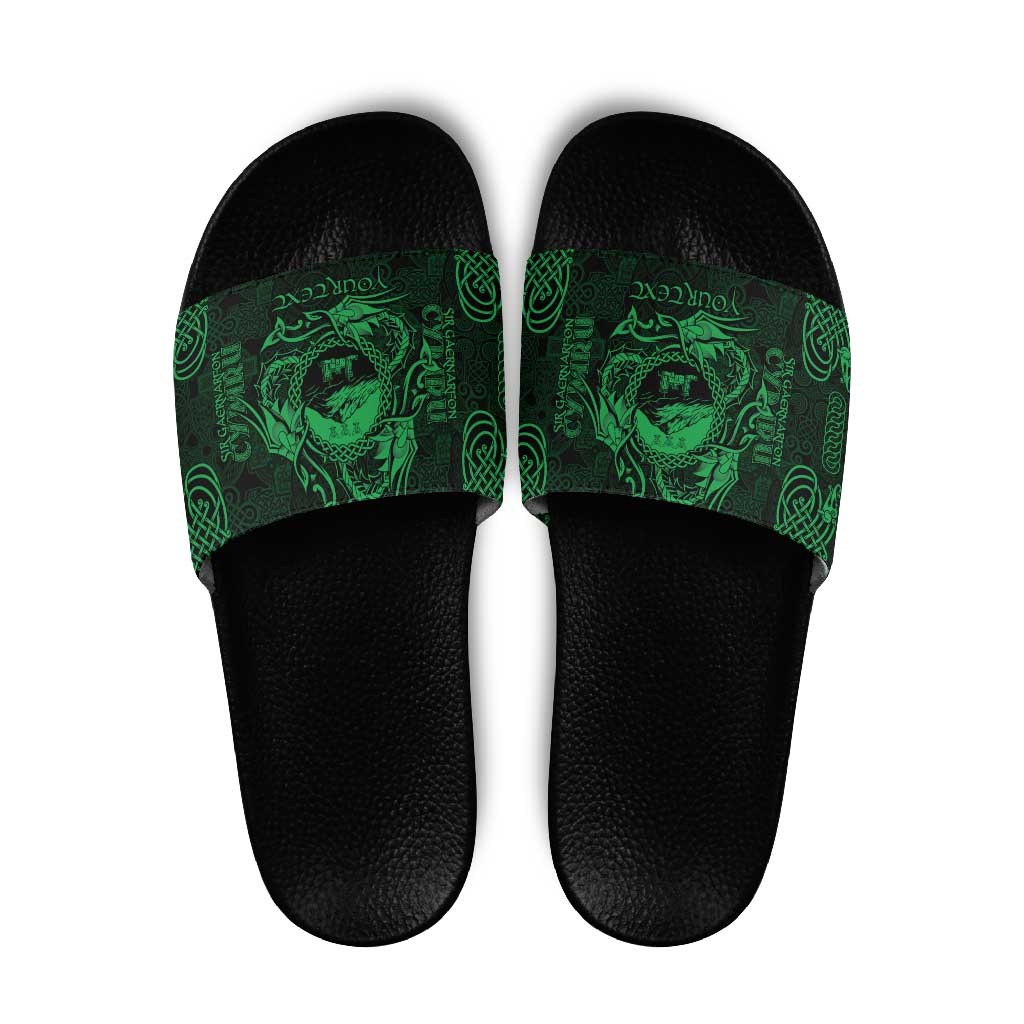 Personalized Caernarfonshire Sir Gaernarfon Slide Sandals Green Castle Tower Celtic-inspired LT9