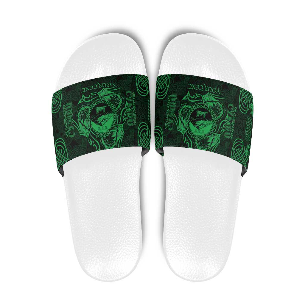 Personalized Caernarfonshire Sir Gaernarfon Slide Sandals Green Castle Tower Celtic-inspired LT9