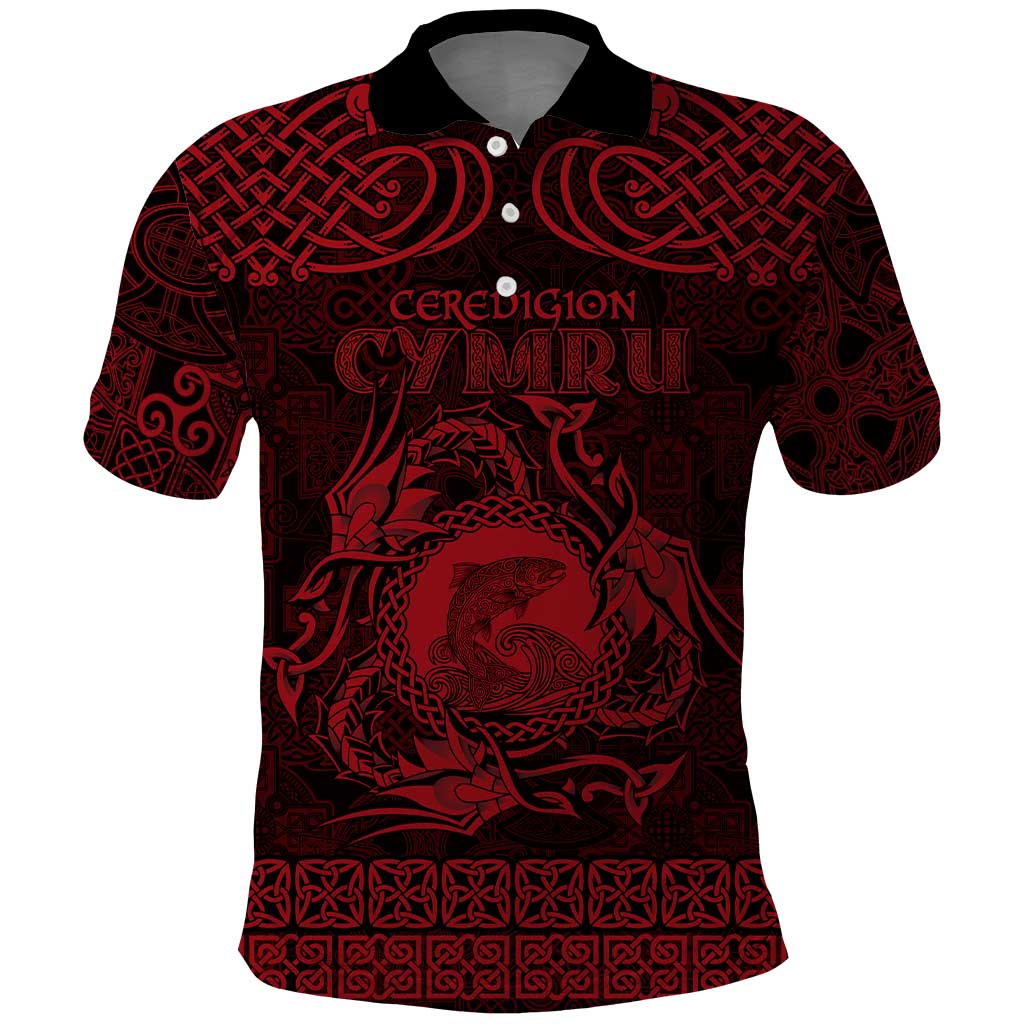 Personalized Cardiganshire Ceredigion Polo Shirt Red Leaping Salmon Celtic-inspired LT9