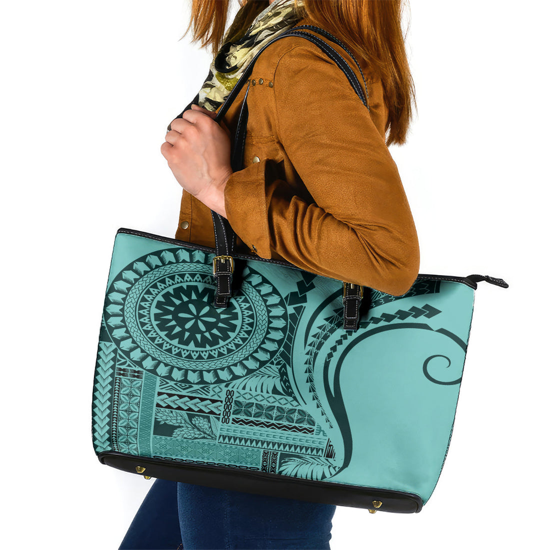 Samoa Siapo Arty Leather Tote Bag Turquoise Style LT9