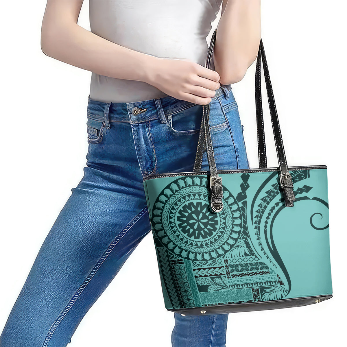 Samoa Siapo Arty Leather Tote Bag Turquoise Style LT9