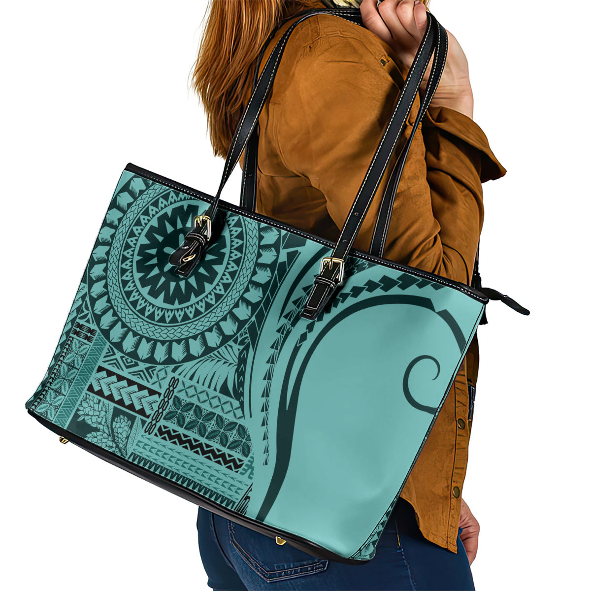 Samoa Siapo Arty Leather Tote Bag Turquoise Style LT9