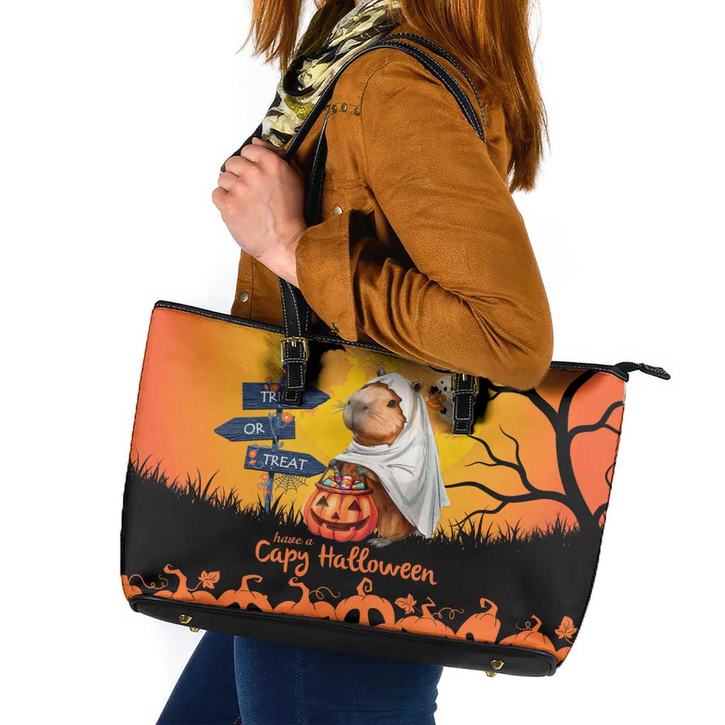 Happy Capy-Boo-Ra Leather Tote Bag Capybara Ghost Trick or Treat LT9