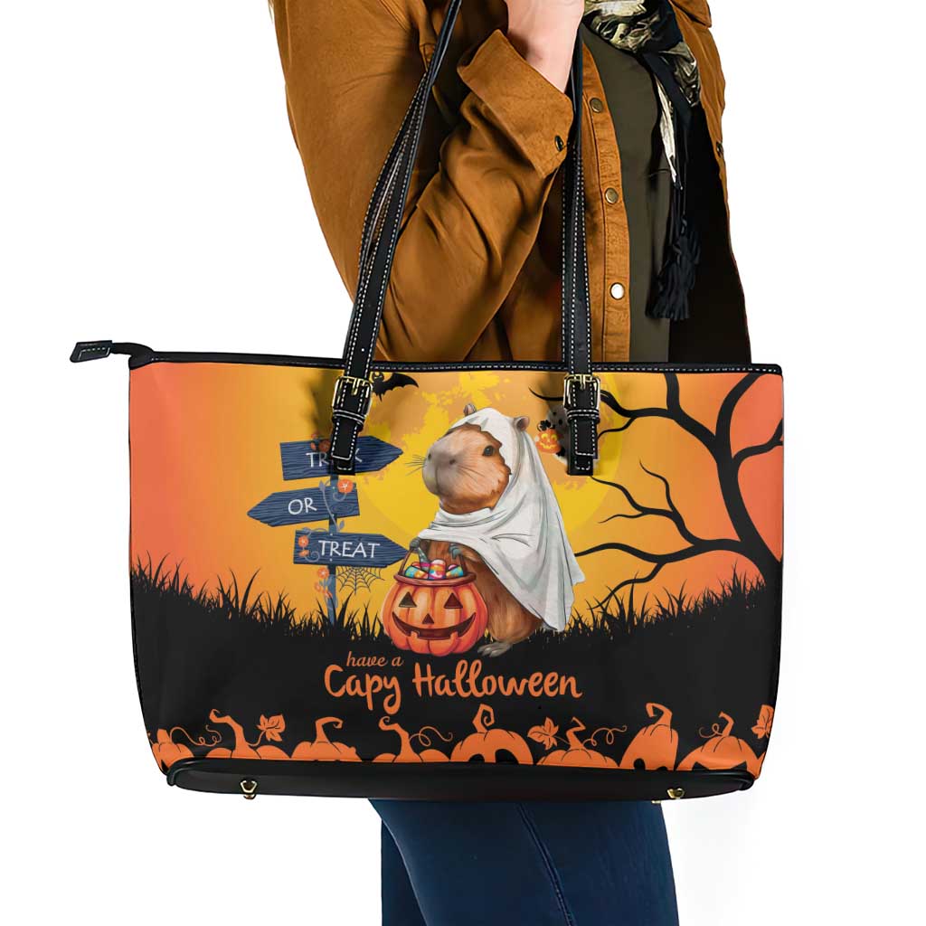 Happy Capy-Boo-Ra Leather Tote Bag Capybara Ghost Trick or Treat LT9