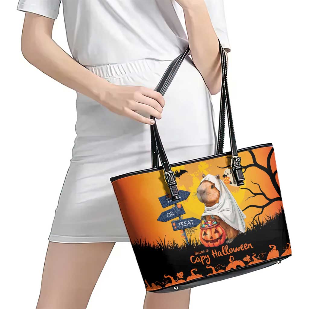 Happy Capy-Boo-Ra Leather Tote Bag Capybara Ghost Trick or Treat LT9