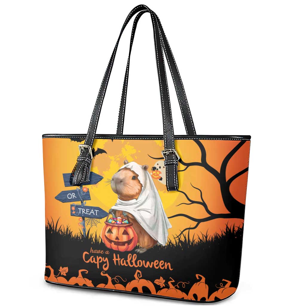 Happy Capy-Boo-Ra Leather Tote Bag Capybara Ghost Trick or Treat LT9