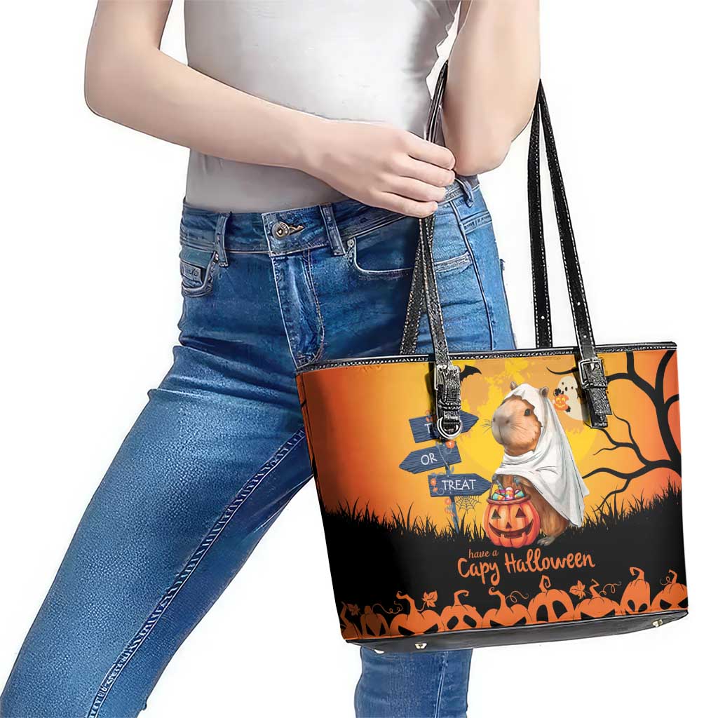 Happy Capy-Boo-Ra Leather Tote Bag Capybara Ghost Trick or Treat LT9