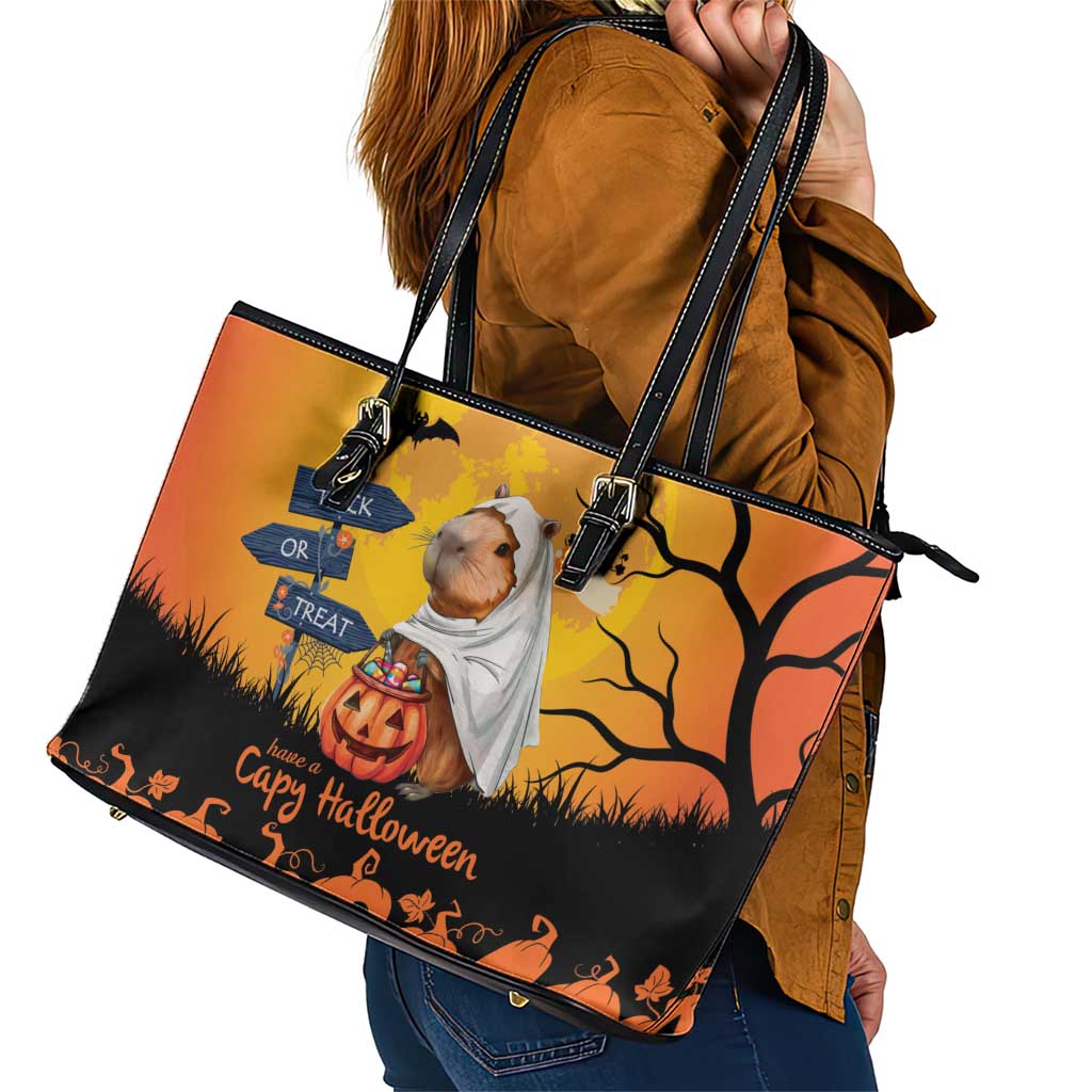 Happy Capy-Boo-Ra Leather Tote Bag Capybara Ghost Trick or Treat LT9