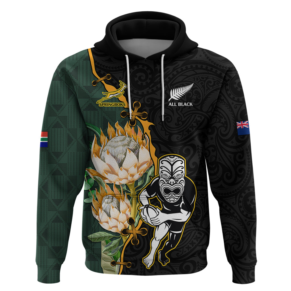 South Africa Protea and New Zealand Hoodie Go All Black-Springboks Rugby with Kente And Maori LT9