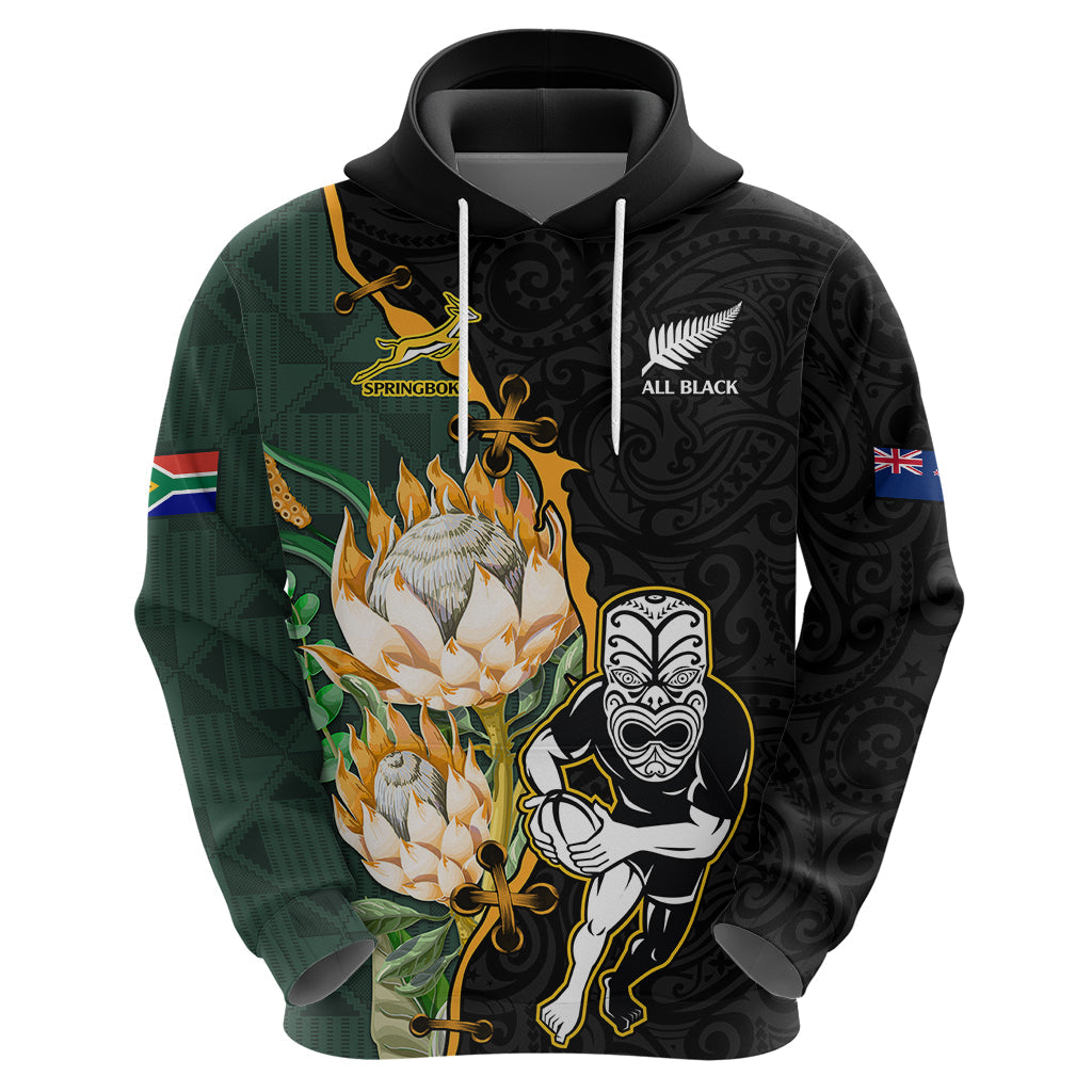 South Africa Protea and New Zealand Hoodie Go All Black-Springboks Rugby with Kente And Maori LT9