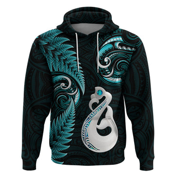 Personalised New Zealand Hoodie Aotearoa Silver Fern With Manaia Maori Unique Turquoise LT14