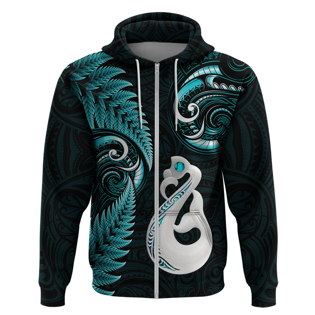 Personalised New Zealand Hoodie Aotearoa Silver Fern With Manaia Maori Unique Turquoise LT14