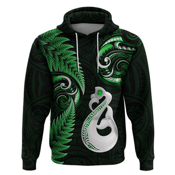 Personalised New Zealand Hoodie Aotearoa Silver Fern With Manaia Maori Unique Green LT14