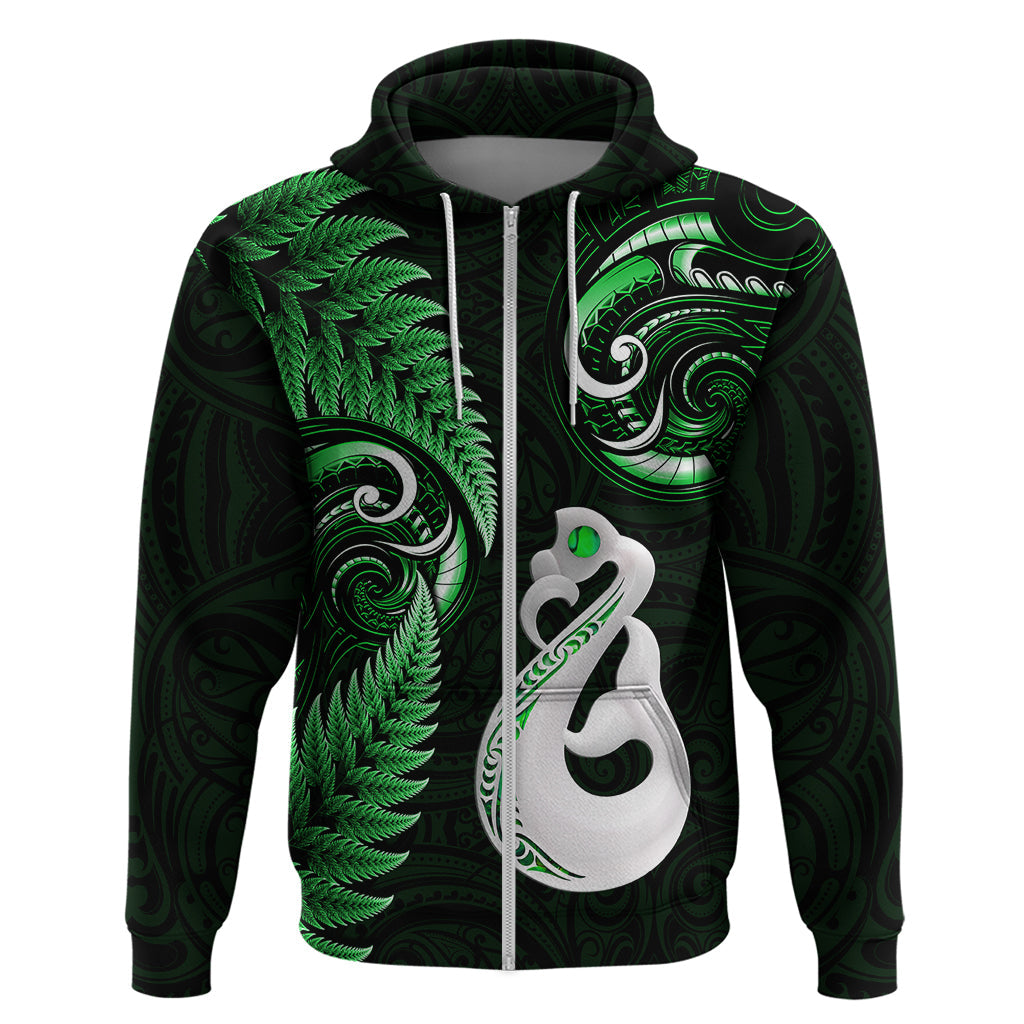 Personalised New Zealand Hoodie Aotearoa Silver Fern With Manaia Maori Unique Green LT14