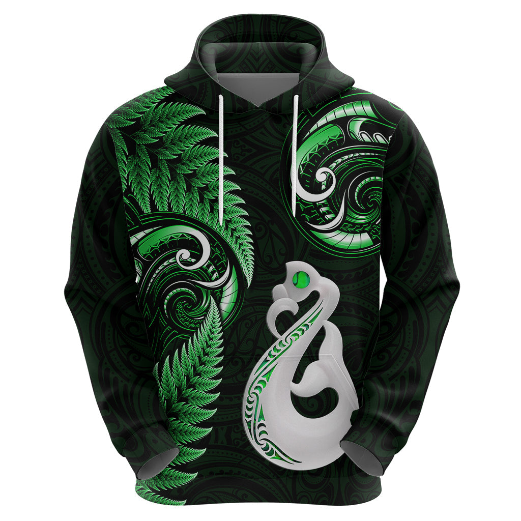 Personalised New Zealand Hoodie Aotearoa Silver Fern With Manaia Maori Unique Green LT14