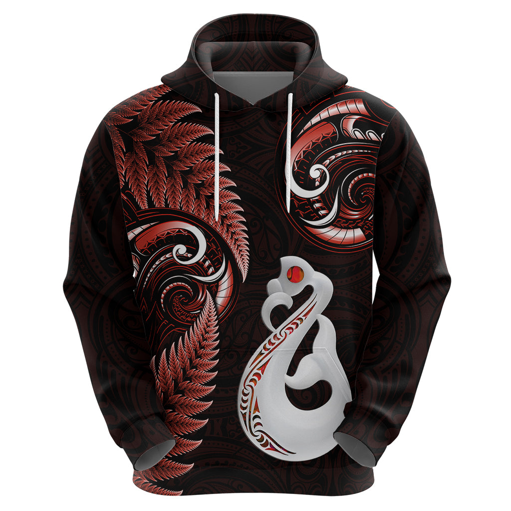 Personalised New Zealand Hoodie Aotearoa Silver Fern With Manaia Maori Unique Red LT14