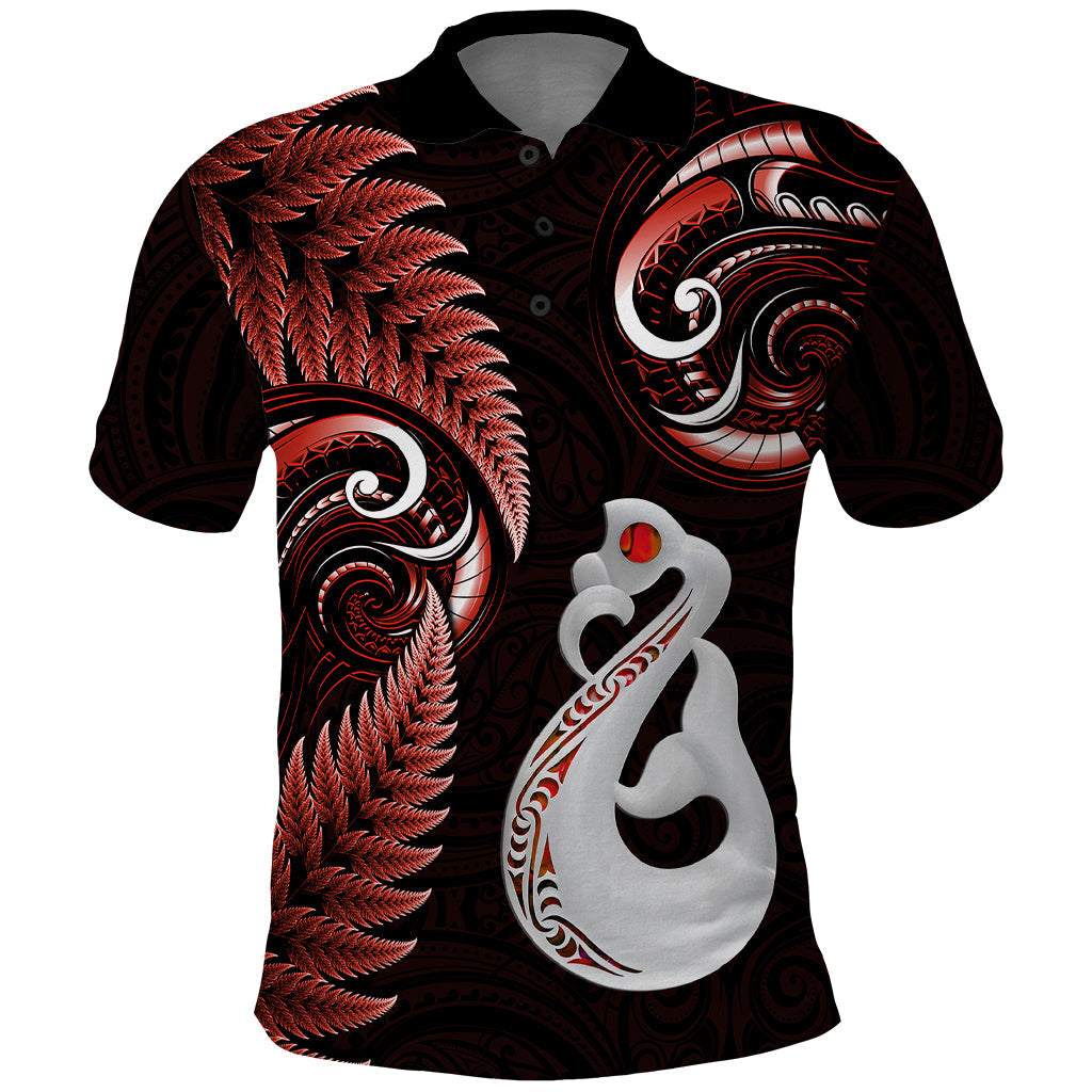 Personalised New Zealand Polo Shirt Aotearoa Silver Fern With Manaia Maori Unique Red LT14