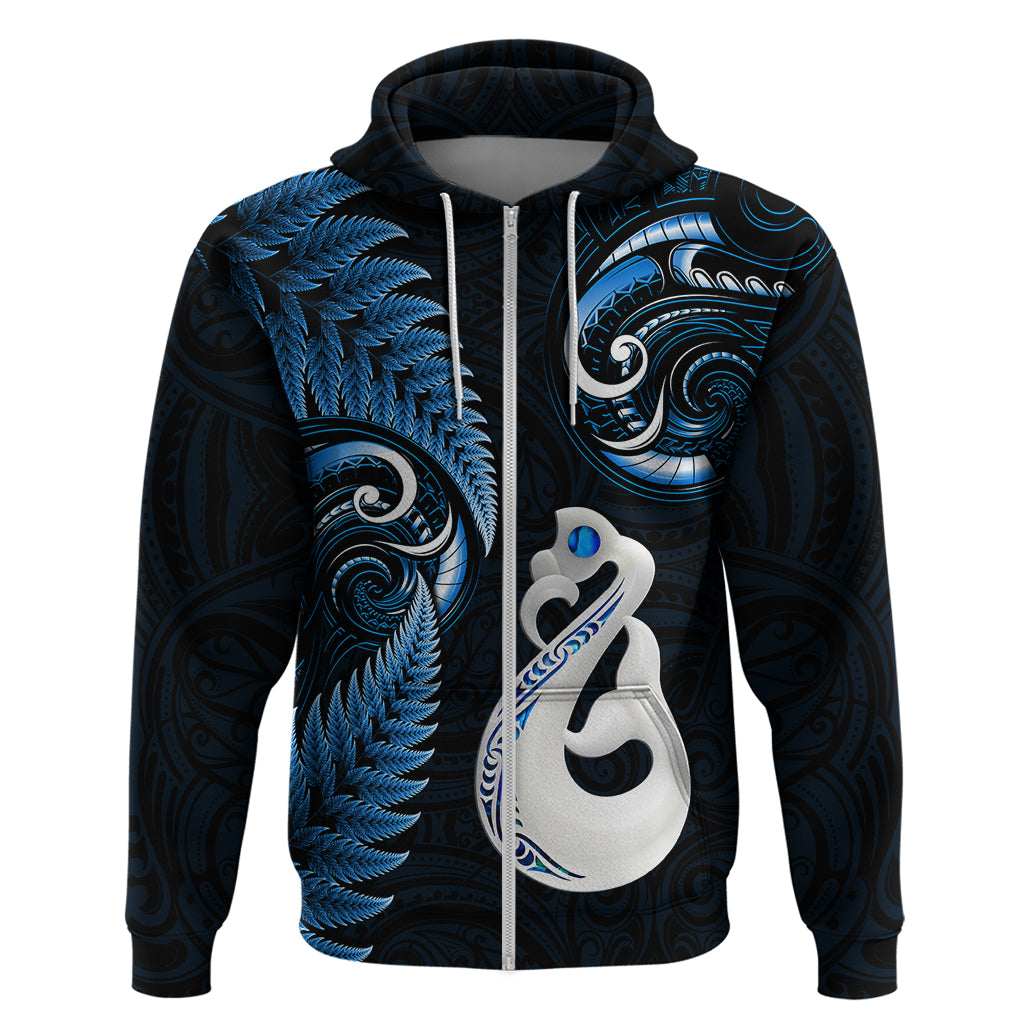 Personalised New Zealand Hoodie Aotearoa Silver Fern With Manaia Maori Unique Blue LT14
