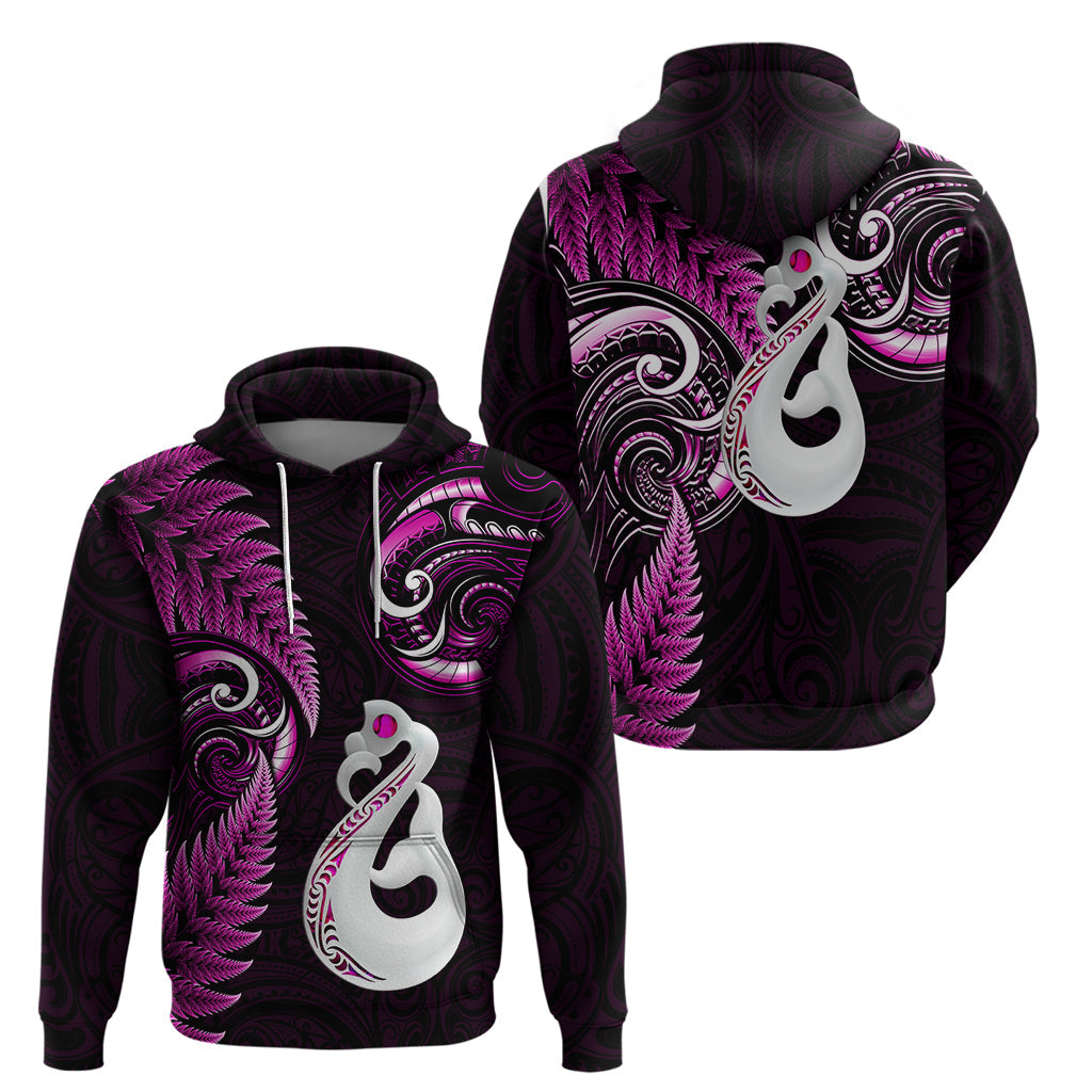 Personalised New Zealand Hoodie Aotearoa Silver Fern With Manaia Maori Unique Pink LT14