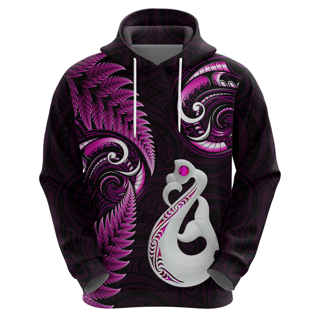 Personalised New Zealand Hoodie Aotearoa Silver Fern With Manaia Maori Unique Pink LT14