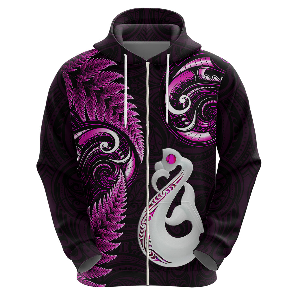Personalised New Zealand Hoodie Aotearoa Silver Fern With Manaia Maori Unique Pink LT14