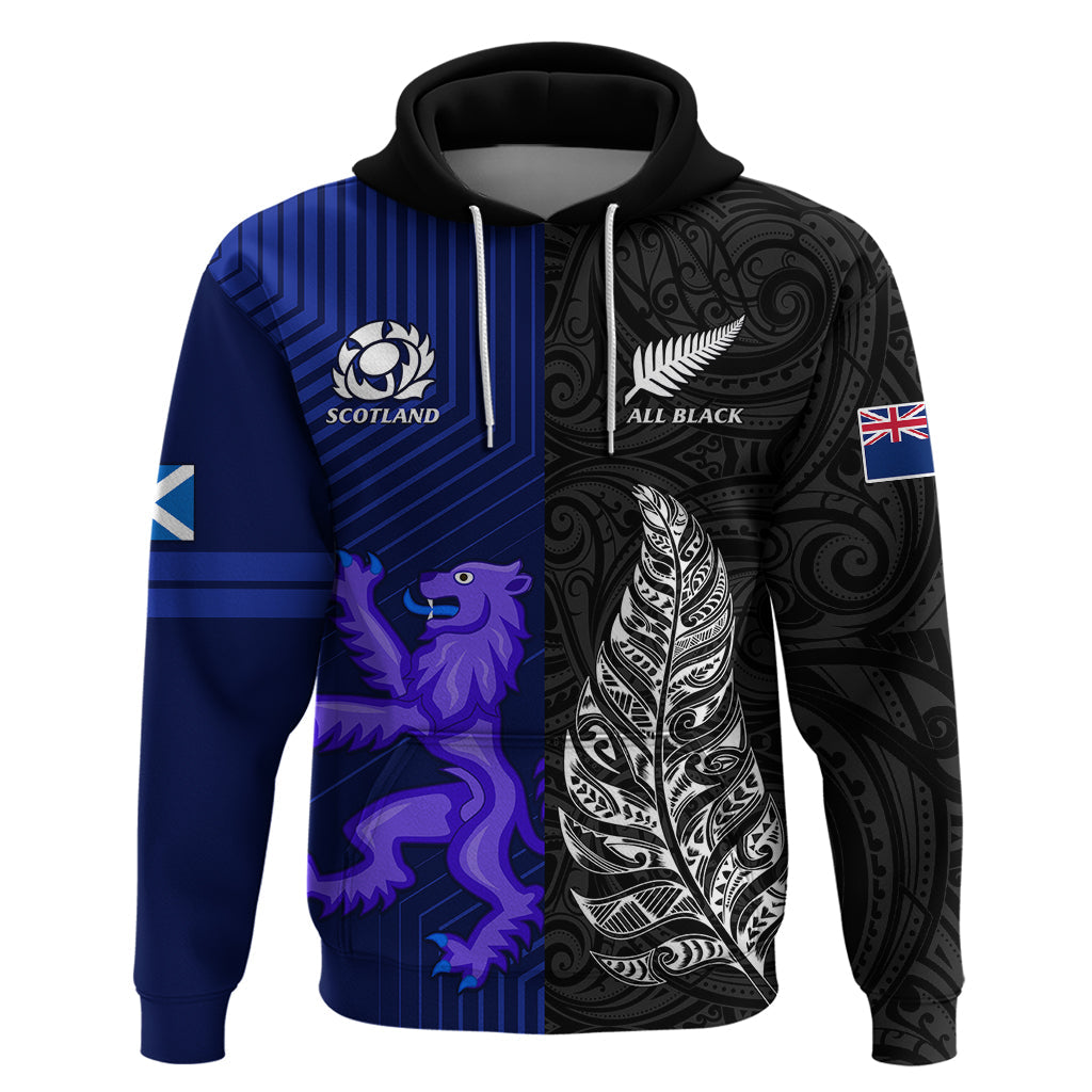 Personalised New Zealand and Scotland Rugby Hoodie All Black Maori With Thistle Together LT14