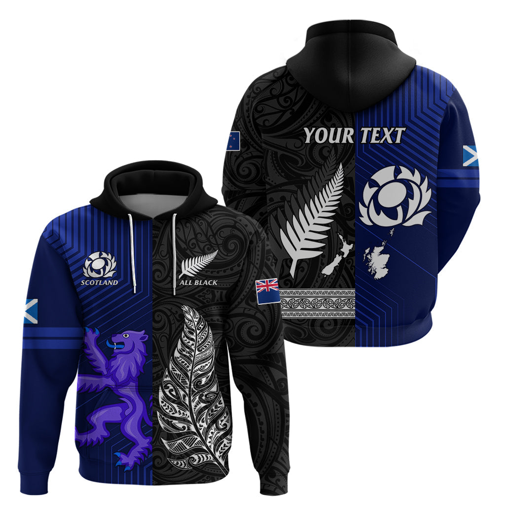 Personalised New Zealand and Scotland Rugby Hoodie All Black Maori With Thistle Together LT14
