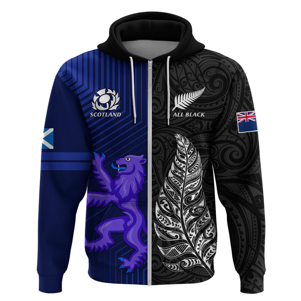 Personalised New Zealand and Scotland Rugby Hoodie All Black Maori With Thistle Together LT14