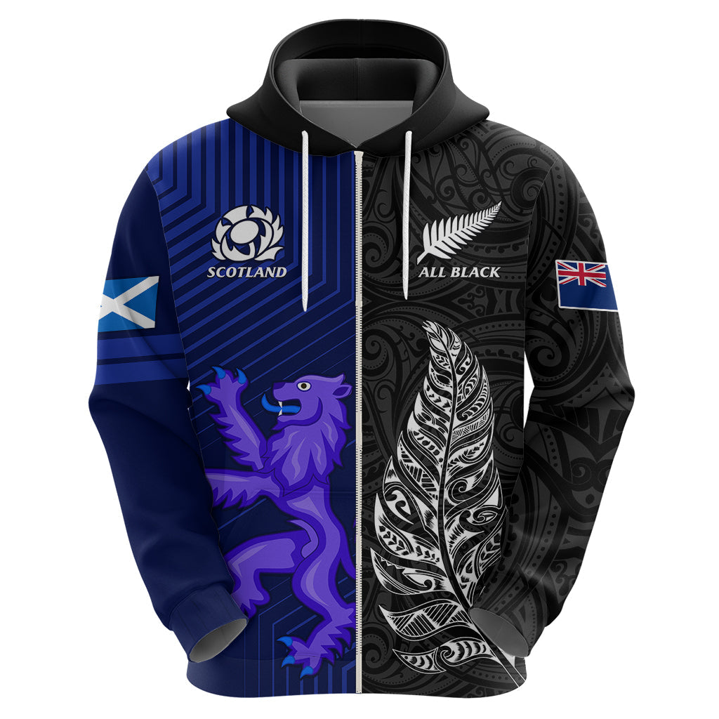 Personalised New Zealand and Scotland Rugby Hoodie All Black Maori With Thistle Together LT14