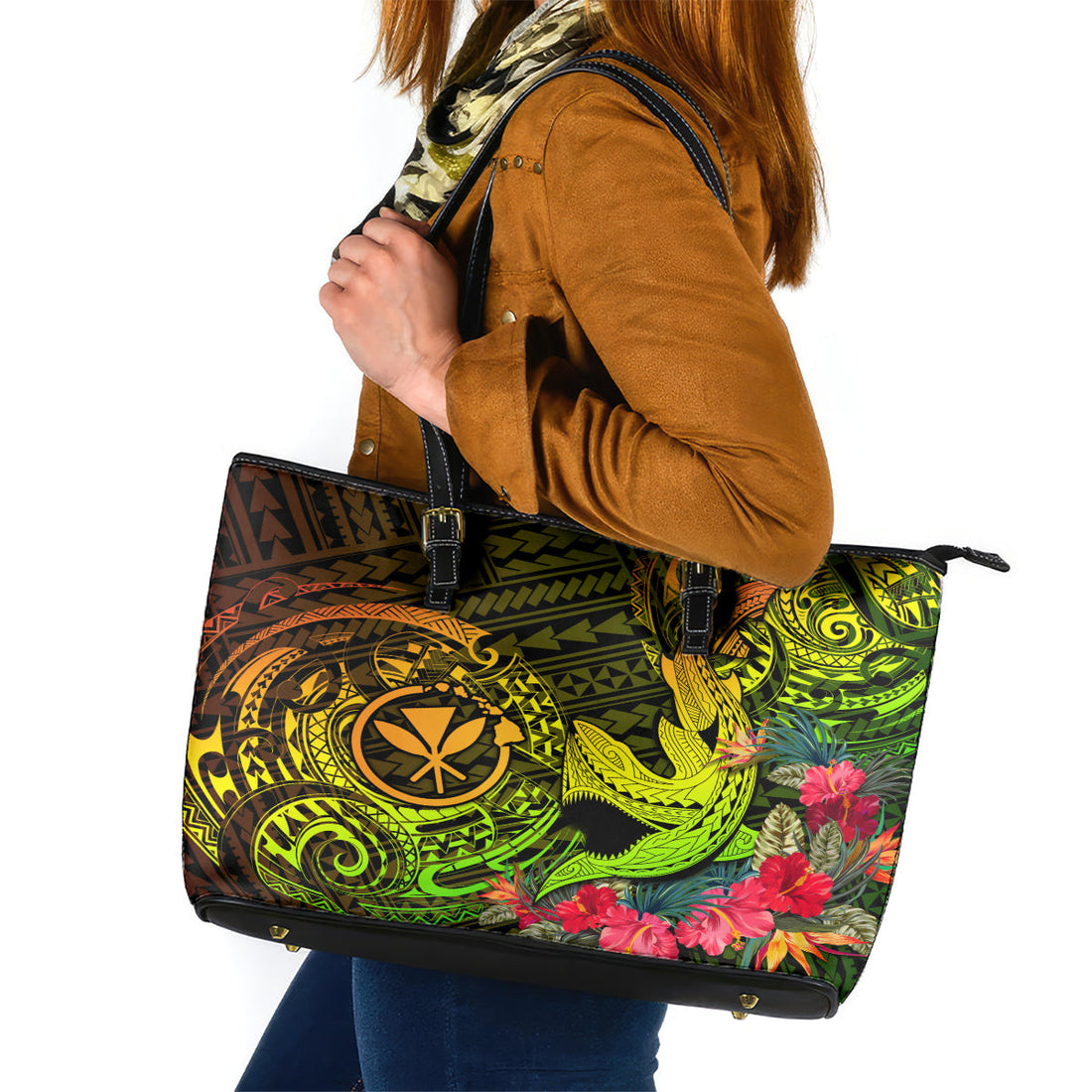 Hawaii Leather Tote Bag Kanaka Map With Polynesian Shark Tattoo Reggae Unique LT14